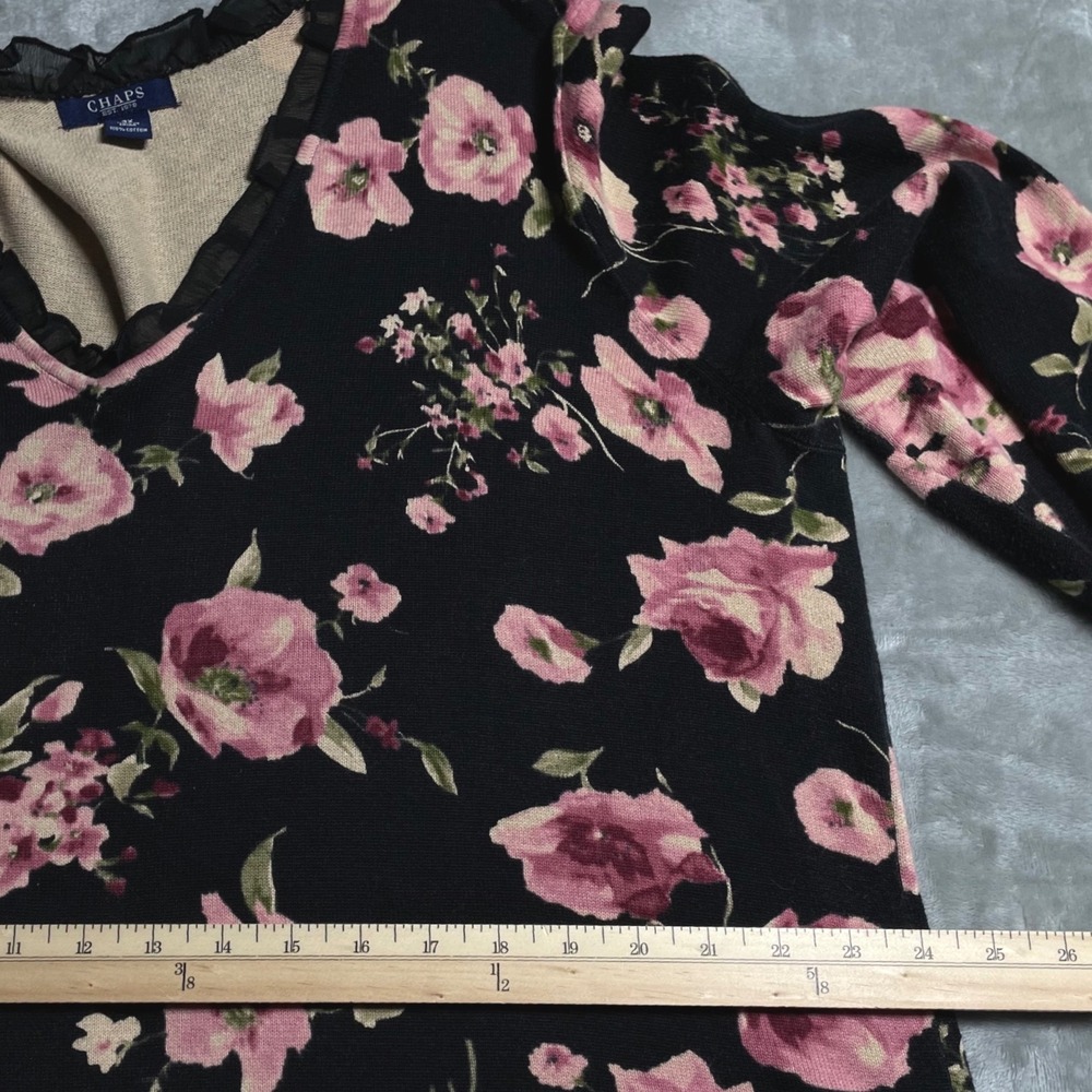 Chaps Womens 3X Black Pink Floral V-Neck Sweater Mesh Ruffle Trim 3/4 Sleeve - Picture 9 of 12